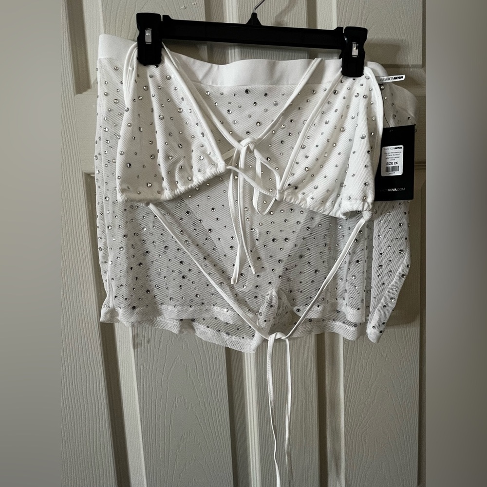 White rhinestone two piece swimsuit short set new with tags